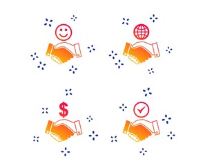 Handshake icons. World, Smile happy face and house building symbol. Dollar cash money. Amicable agreement. Random dynamic shapes. Gradient handshake icon. Vector