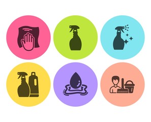 Shampoo and spray, Water splash and Washing cleanser icons simple set. Spray, Washing cloth and Cleaning service signs. Aqua drop, Wipe with a rag. Cleaning set. Flat shampoo and spray icon. Vector