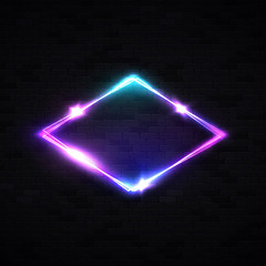 Neon rhombus background on black brick wall. Retro light lozenge sign with neon effect. Technology signage. Night club design. Glowing brill frame. Electricity diamond vector illustration in 80s style