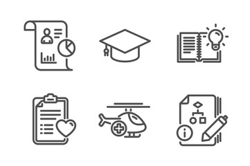Patient history, Medical helicopter and Report icons simple set. Product knowledge, Graduation cap and Algorithm signs. Medical survey, Sky transport. Science set. Line patient history icon. Vector