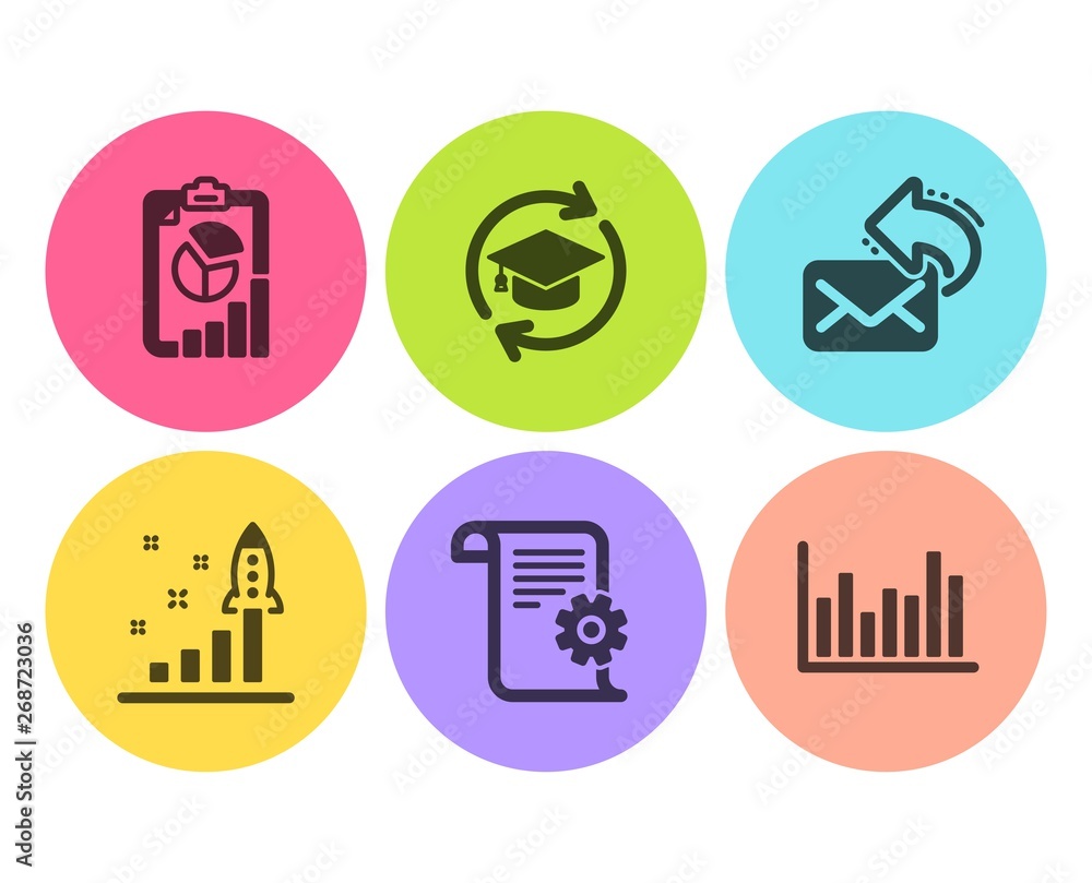 Aufkleber technical documentation, development plan and continuing education icons simple set. share mail, rep