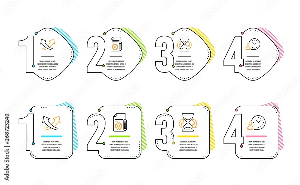 Poster documentation, hourglass and intersection arrows icons simple set. time management sign. project, sa