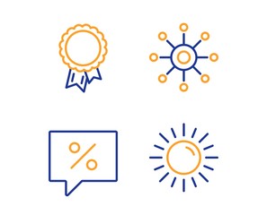 Multichannel, Discount message and Success icons simple set. Sun sign. Multitasking, Special offer, Award reward. Summer. Linear multichannel icon. Colorful design set. Vector