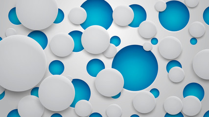Abstract background of holes and circles with shadows in blue and white colors