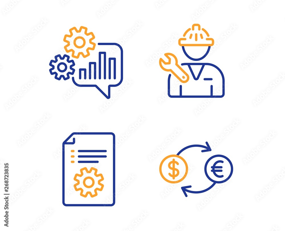Poster technical documentation, cogwheel and repairman icons simple set. currency exchange sign. manual, en