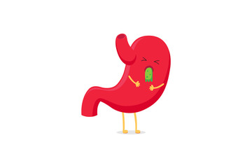 Cute cartoon stomach character unhealthy sick nausea vomiting emoji sad emotion. Vector organ digestive system indigestion. Funny illustration