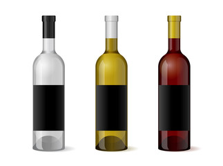 Wine realistic 3d bottle with blank black label template set for alcohol industry design. Vector illustration