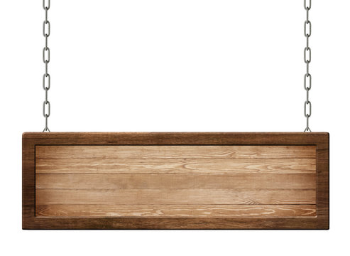 Oblong wooden board with dark frame made of natural wood hanging on chains