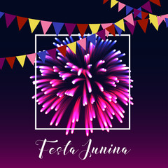 Festa junina poster with bright fireworks, flags, frame and text on dark purple background.