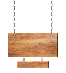 Wooden double sign made of natural wood hanging on chains