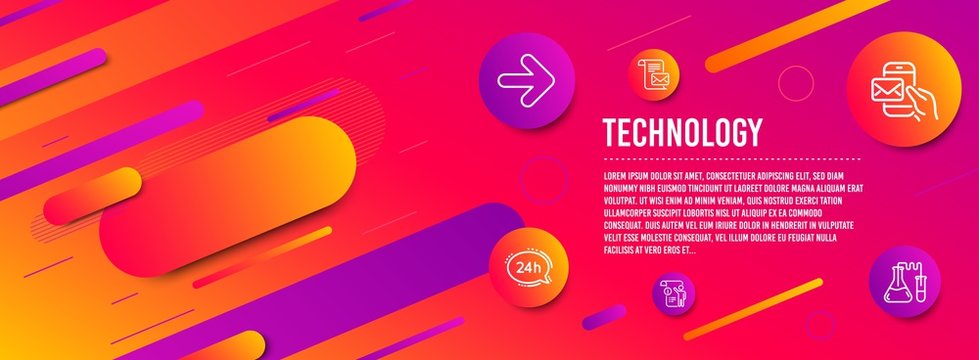 Header banner. 24h service, Next and Mail letter icons simple set. Manual doc, Messenger mail and Chemistry lab signs. Call support, Forward. Technology set. Line 24h service icon. Gradient elements