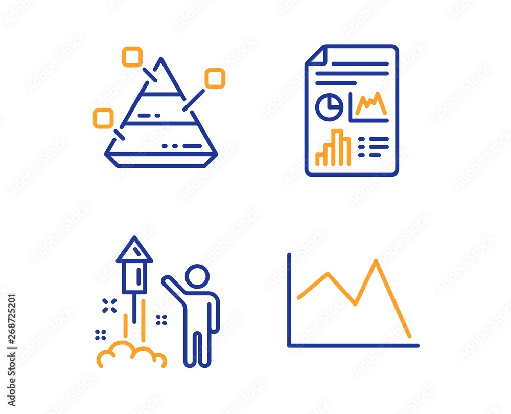 Poster report document, pyramid chart and fireworks icons simple set. line chart sign. report analysis, par