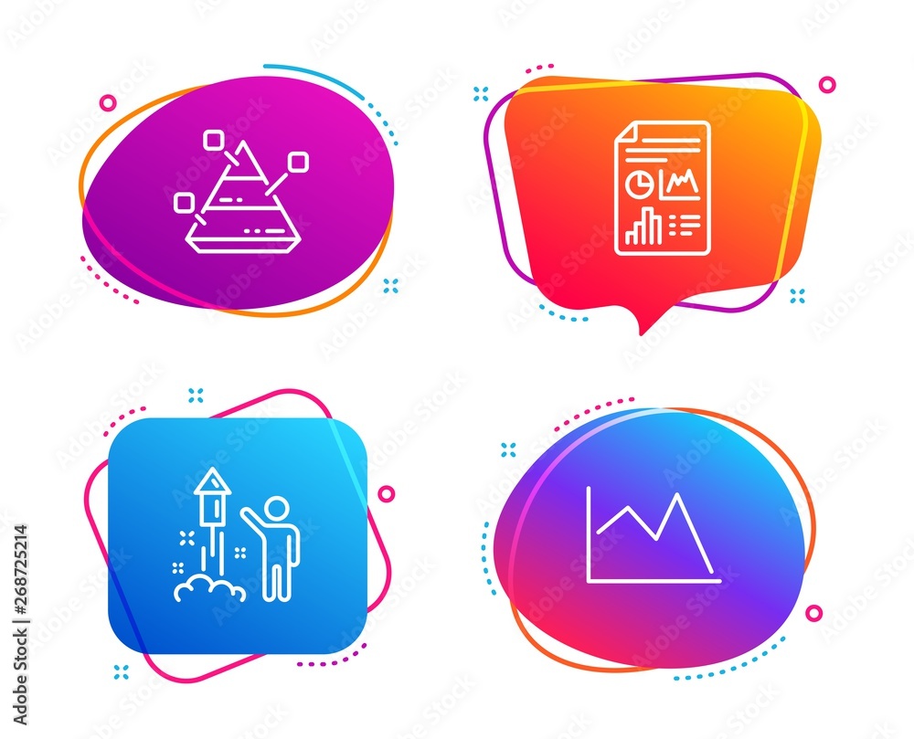 Poster report document, pyramid chart and fireworks icons simple set. line chart sign. report analysis, par