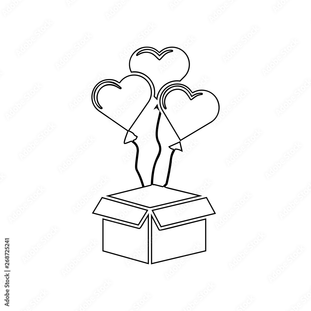 Poster opened gift box with heart balloons icon. element of love for mobile concept and web apps icon. outl
