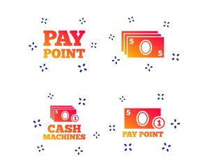 Cash and coin icons. Cash machines or ATM signs. Pay point or Withdrawal symbols. Random dynamic shapes. Gradient cash icon. Vector
