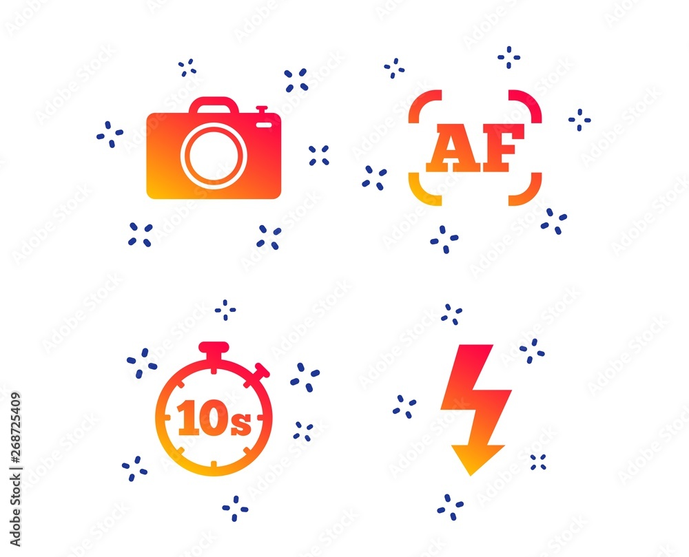 Poster photo camera icon. flash light and autofocus af symbols. stopwatch timer 10 seconds sign. random dyn