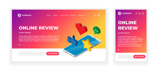 Landing web page concept design template. Online review theme. Smartphone device with feedback rating signs - thumb up, heart, message, star. Mobile app, UI, UX, site. Vector illustration