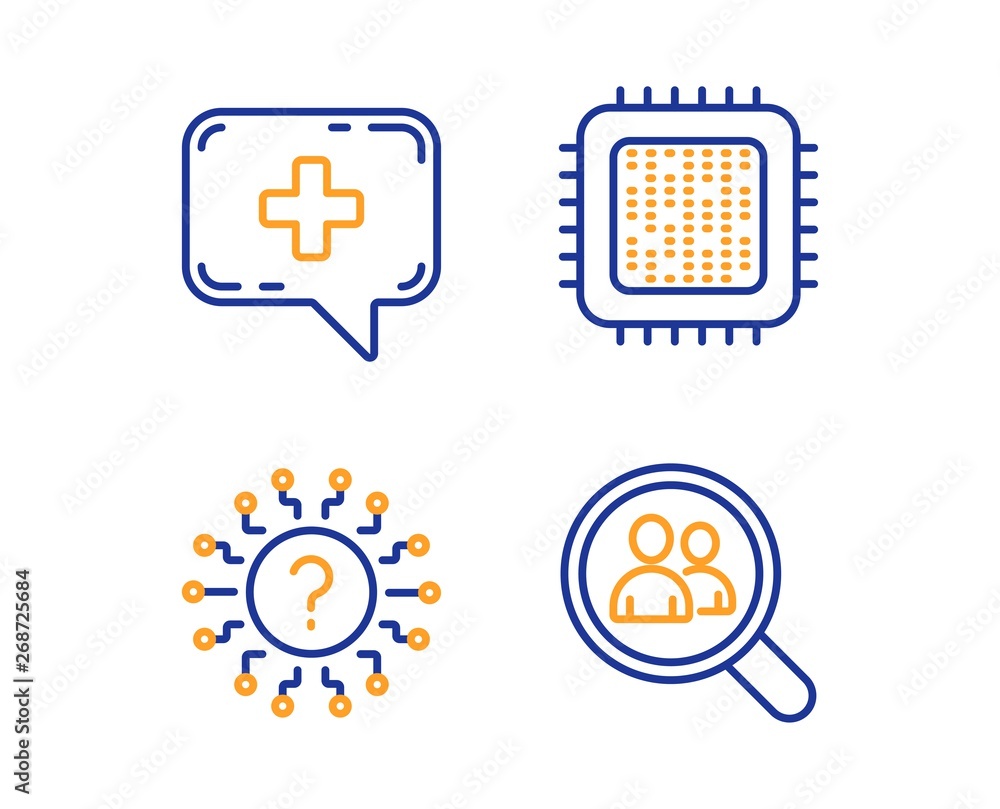 Poster cpu processor, medical chat and question mark icons simple set. search employees sign. computer comp