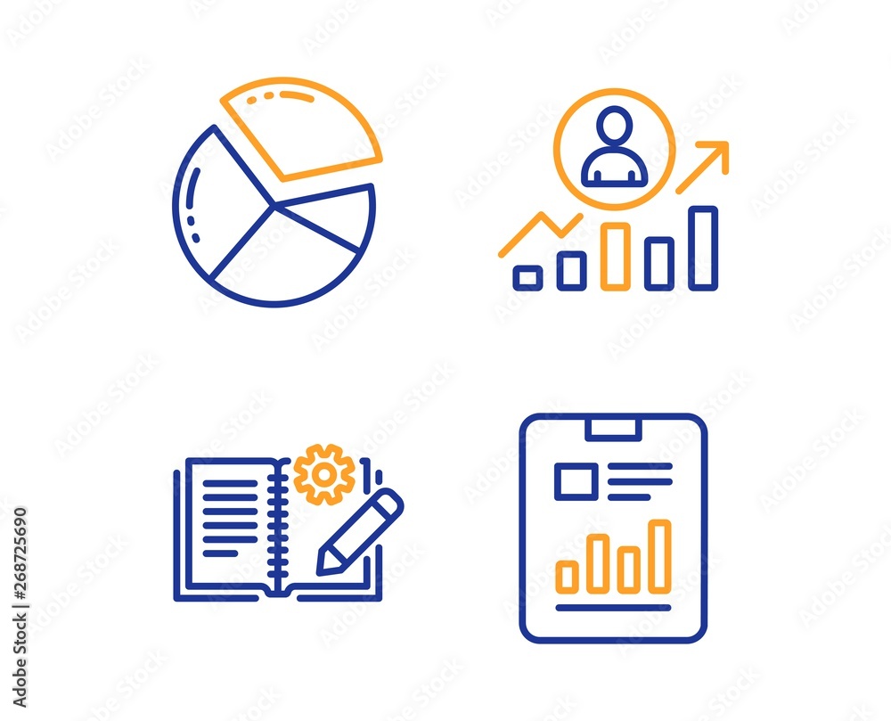 Poster career ladder, engineering documentation and pie chart icons simple set. report document sign. manag