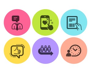 Queue, Support service and Heart rating icons simple set. Like, Parcel invoice and Time management signs. People waiting, Human talking. People set. Flat queue icon. Circle button. Vector