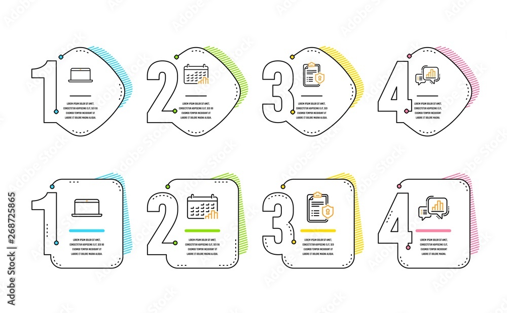 Poster laptop, calendar graph and privacy policy icons simple set. graph chart sign. mobile computer, annua