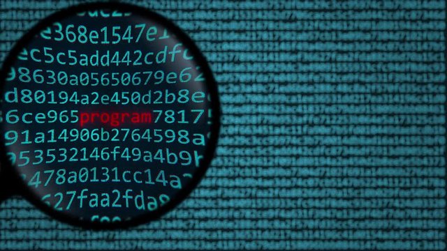 Magnifying glass discovers program word on computer screen