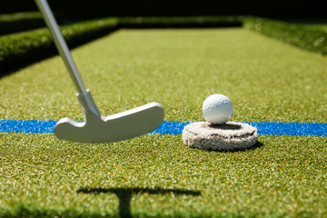 Golf club and ball in grass