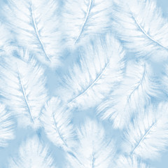 Watercolor fashion seamless pattern with white feathers on light blue background. Vintage print