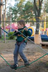 Obraz premium Little boy in a rope park. Active physical recreation of the child in the fresh air in the park. Training for children.