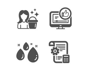 Set of Like video, Water drop and Cleaning icons. Settings blueprint sign. Thumbs up, Aqua, Maid service. Report document.  Classic design like video icon. Flat design. Vector