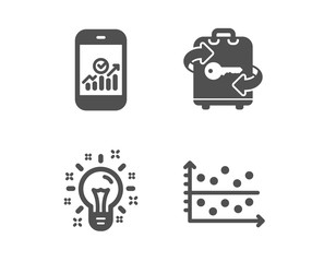 Set of Smartphone statistics, Luggage and Idea icons. Dot plot sign. Mobile business, Baggage locker, Creativity. Presentation graph.  Classic design smartphone statistics icon. Flat design. Vector