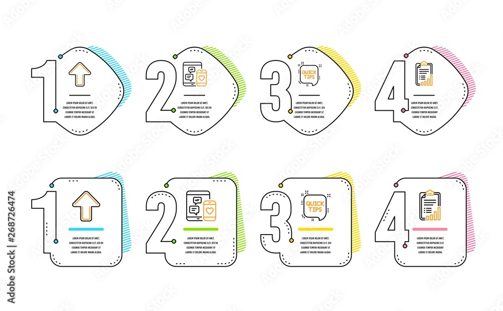 Poster social media, quick tips and upload icons simple set. checklist sign. mobile devices, helpful tricks