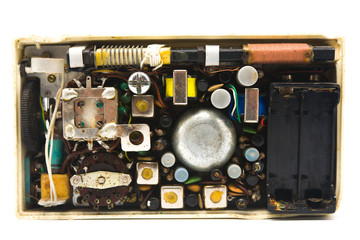 interior of the old transistor electronics on white background