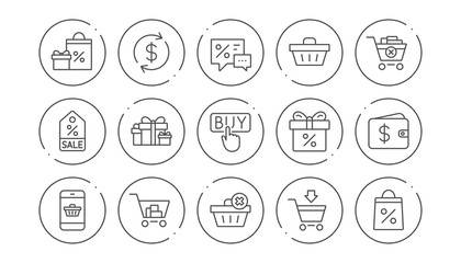 Shopping line icons. Gift, Percent sign and Sale discount. Delivery linear icon set. Line buttons with icon. Editable stroke. Vector