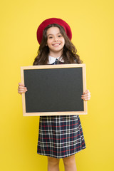 Back to school concept. School information. Informing you. Expect the unexpected. Child promo information board. Place for information. Girl hold blank blackboard. Advertising product copy space