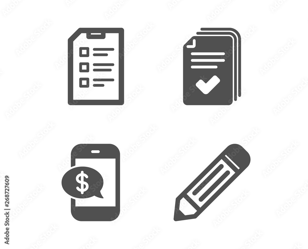 Poster set of handout, phone payment and checklist icons. pencil sign. documents example, mobile pay, data 