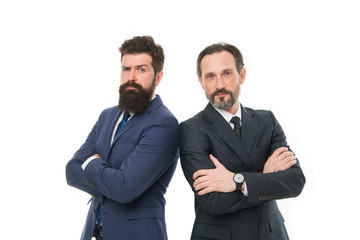 partnership of boss men isolated on white. mature men boss have own business. business meeting. team success. collaboration and teamwork. bearded businessmen in formal suit. boss and employee