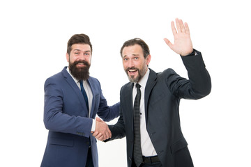 business meeting. team success. collaboration and teamwork. bearded businessmen in formal suit. partnership of boss men isolated on white. mature men have own business. successful business meeting
