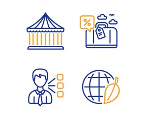 Third party, Carousels and Travel loan icons simple set. Environment day sign. Team leader, Attraction park, Trip discount. Safe world. Technology set. Linear third party icon. Colorful design set