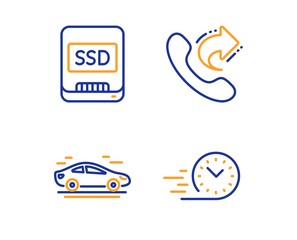 Share call, Car and Ssd icons simple set. Fast delivery sign. Phone support, Transport, Memory disk. Stopwatch. Technology set. Linear share call icon. Colorful design set. Vector