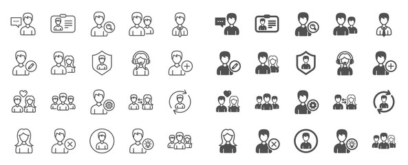 User people line icons. Male and Female Profile, Group and Support icons. ID card, Teamwork people and Businessman symbols. Couple love, Security profile and User management support. Quality sign set