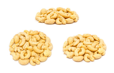 Set of handfuls of nuts from different angles -  raw cashew (Anacardium occidentale) without shell, close up, isolated on white background