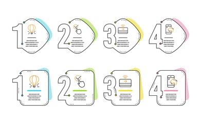 Checkbox, Contactless payment and Air balloon icons simple set. Incoming call sign. Approved, Financial payment, Flight travel. Phone support. Technology set. Infographic timeline. Line checkbox icon