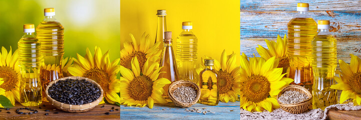 Set rural still-lifes, banner - sunflower oil in bottles with flowers of sunflower (Helianthus...