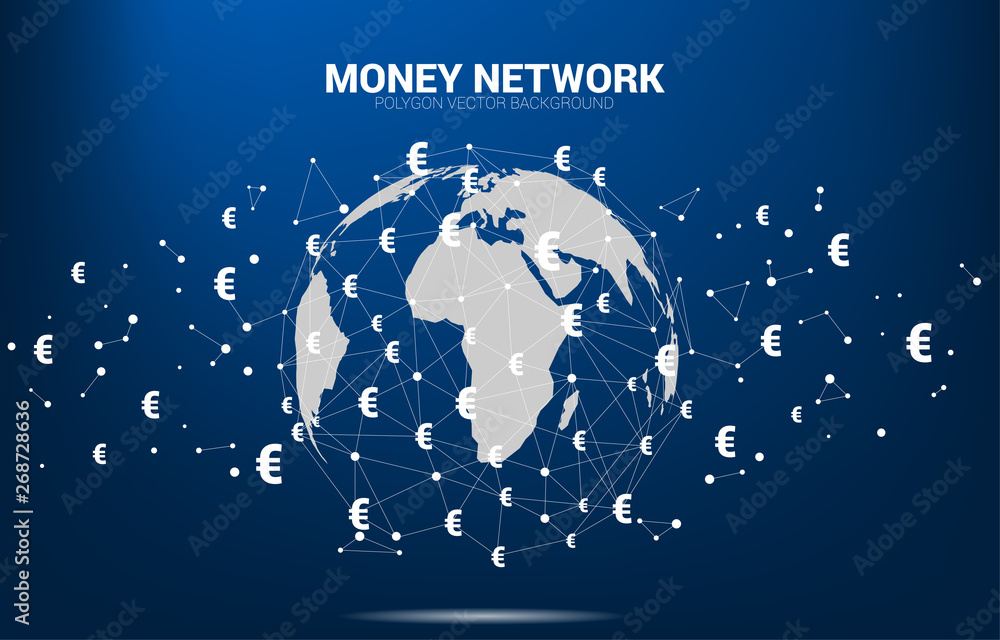 Aufkleber world globe with money euro currency icon polygon dot connected line. concept for financial network 