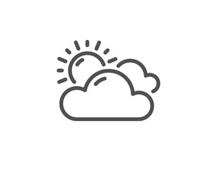 Sunny weather forecast line icon. Clouds with sun sign. Cloudy sky symbol. Quality design element. Linear style sunny weather icon. Editable stroke. Vector