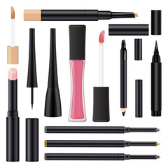 Set of realistic packages for 3d realistic cosmetics. Template of containers eye shadow, eyeliner, lipstick, lipliner, nail polish and mascara.