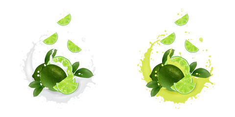 Fototapeta na wymiar Fresh lime with realistic splash illustration. Falling slices in juice, milk, chocolate.