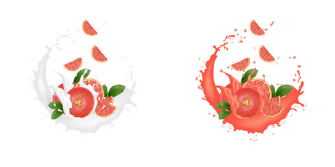 Juice milk yogurt grapefruit slices splashing. Juicy grapefruit splash packaging template. Ad banner.