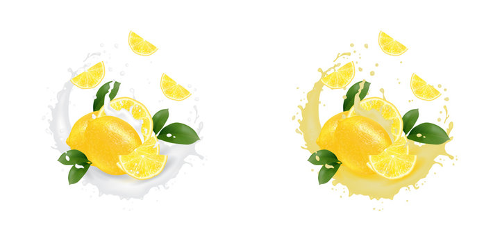 Realistic 3d Lemon fruit juice splash. Milk round splash. Design element. Packaging